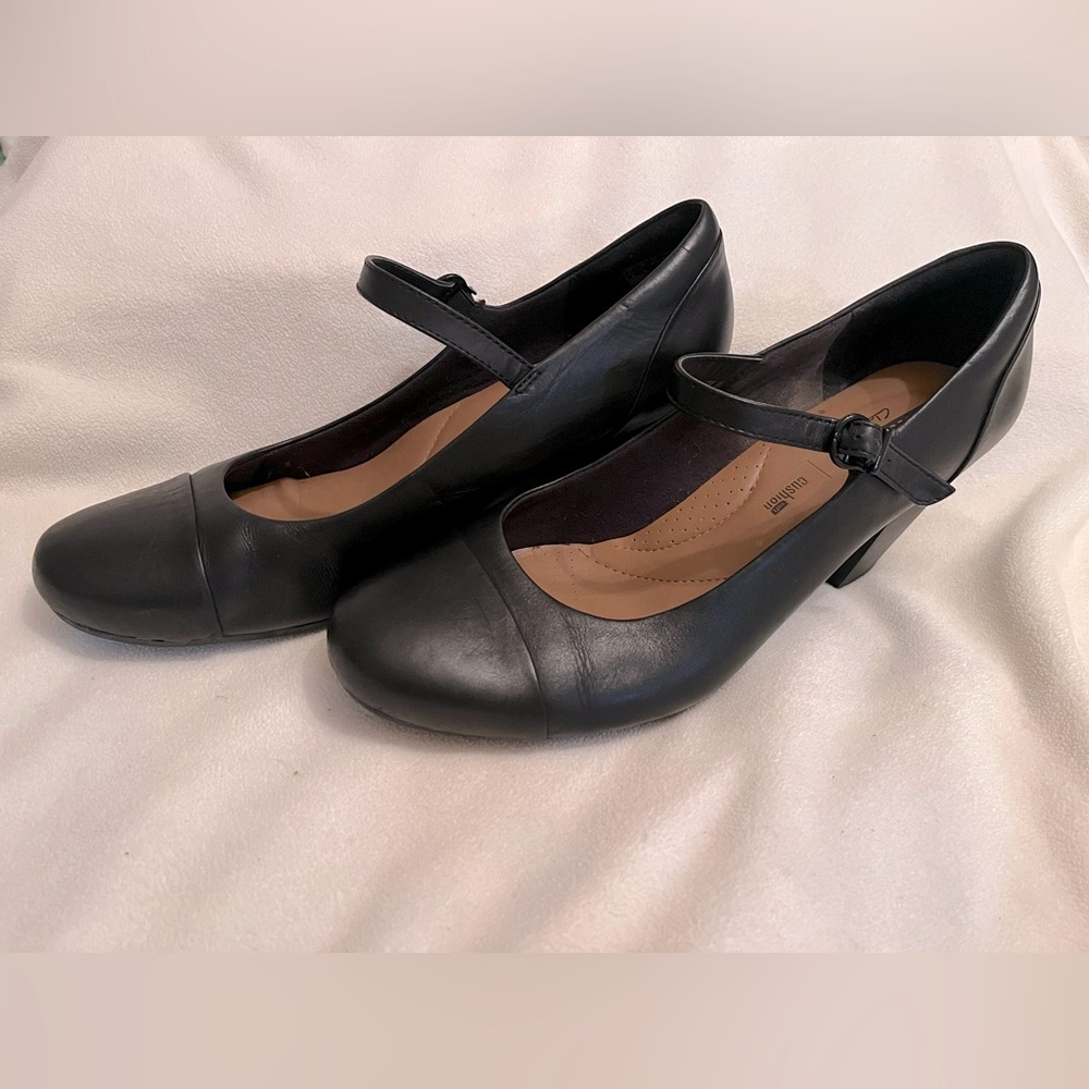 Clark’s Soft Cushion Collection Women’s Sz 11 Blk Leather 3” Heeled Dress Shoes